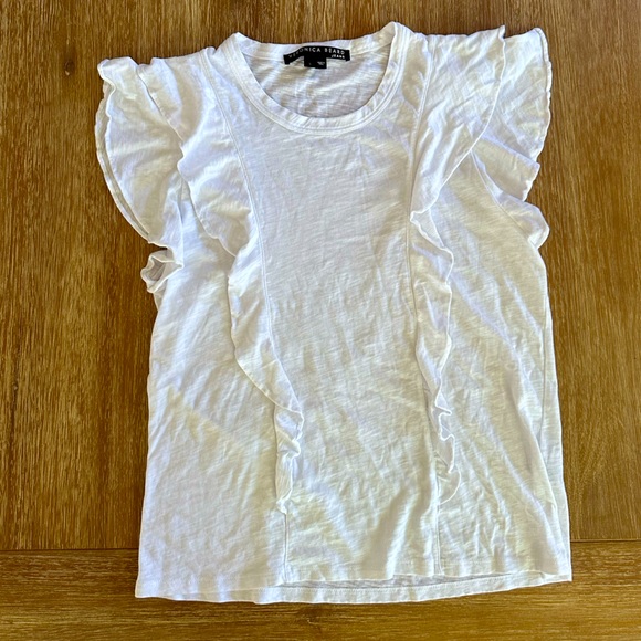 Veronica Beard Jeans Ruffle White Crewneck Short Sleeve Bea Tee Shirt Size L - Picture 1 of 10